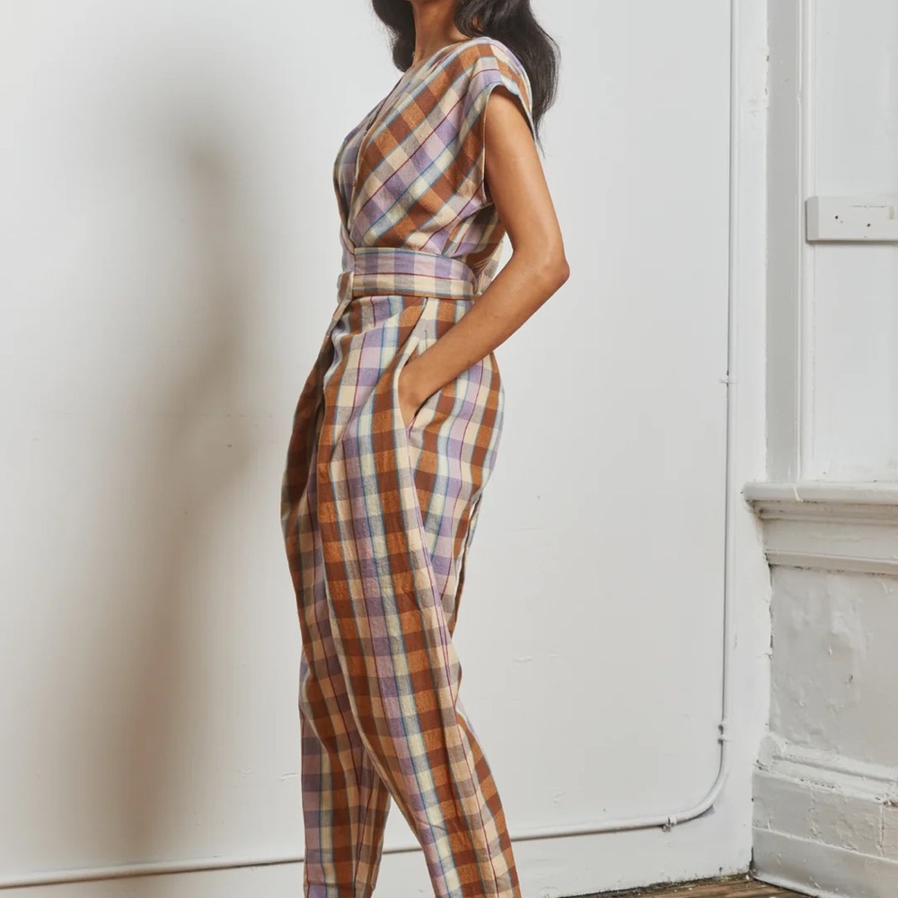 Plaid V-Neck Jumpsuit in Brown & Lavender - Picture 4 of 8